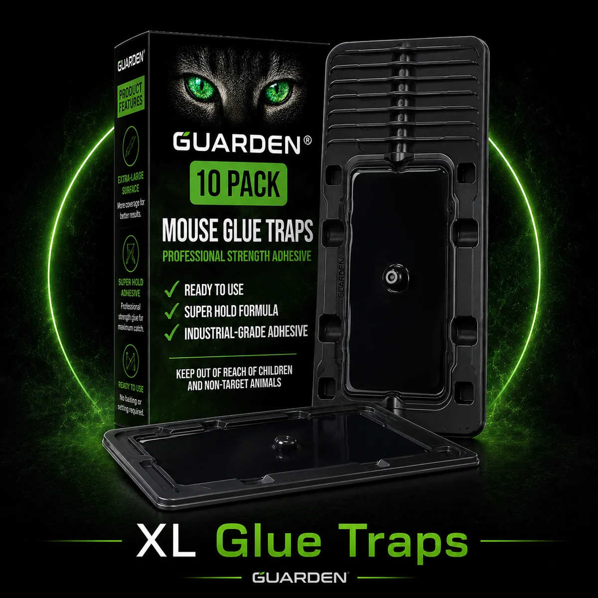 Guarden ten-pack extra-large mouse glue traps with retail box in black and neon-green campaign artwork
