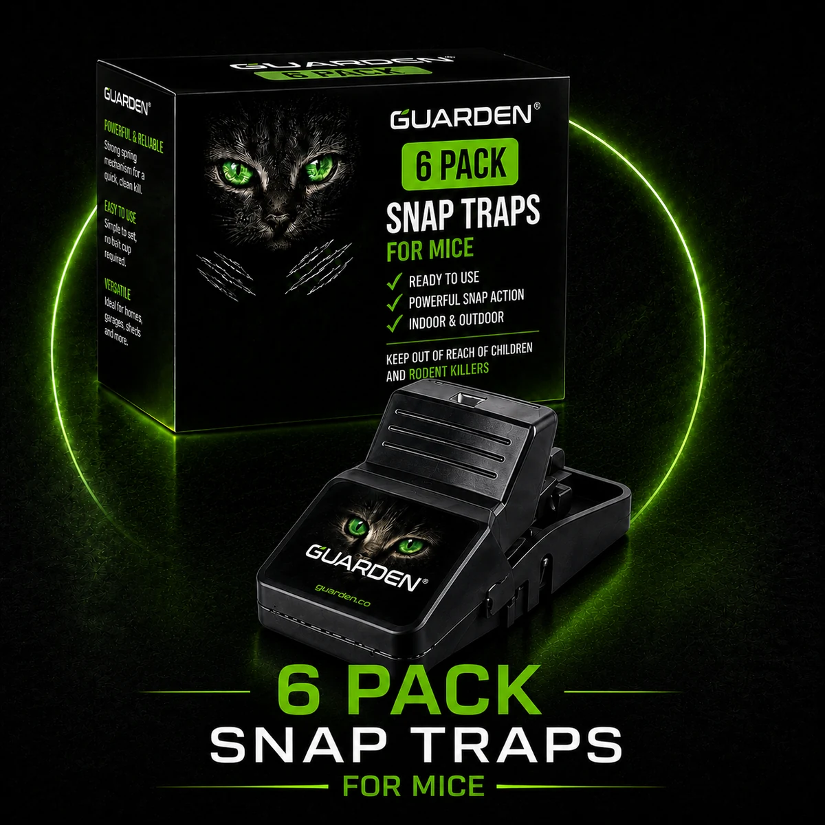 Guarden six-pack mouse snap traps with retail box in black and neon-green campaign artwork