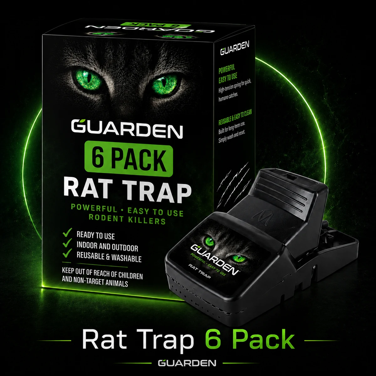 Guarden six-pack rat trap set with retail box in black and neon-green campaign artwork